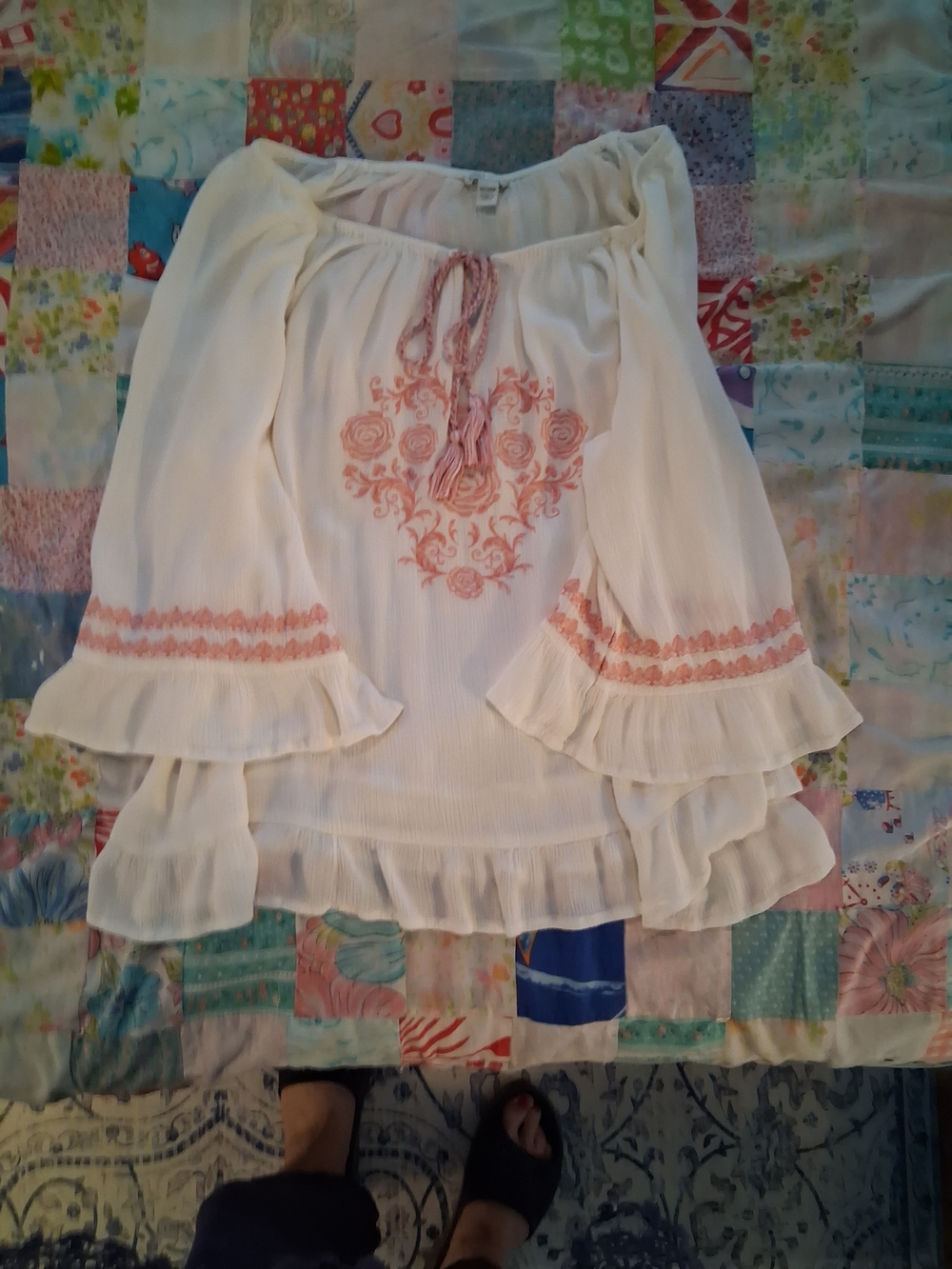 Cato White Peasant Tunic with Peach Embroidery